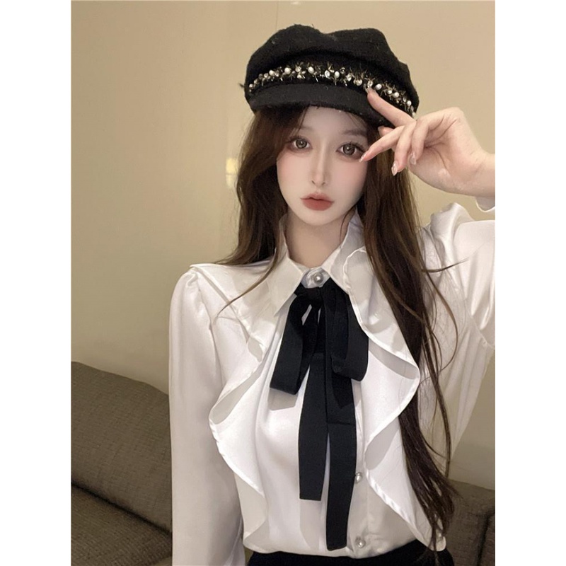 Áo sơ mi nơ tay dài áo sơ mi nữ cổ áo polo Hàn Quốc áo kiểu satin trắng thời trang nữ mùa thu đôn