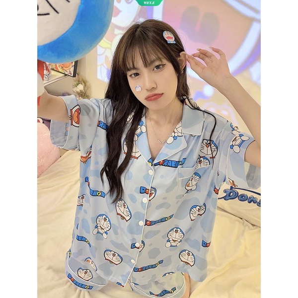 Bộ Đồ Ngủ Hai Mảnh Áo cardigan Ngắn Tay In Hình doraemon Dễ Thương Phong Cách Hàn Quốc Thời Trang Mùa Hè Cho Nữ