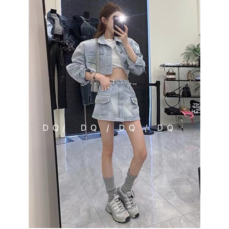 Thời Trang Bộ Áo Khoác denim + Chân Váy Ôm Dáng Phong Cách Mùa Thu 2023 Cho Nữ