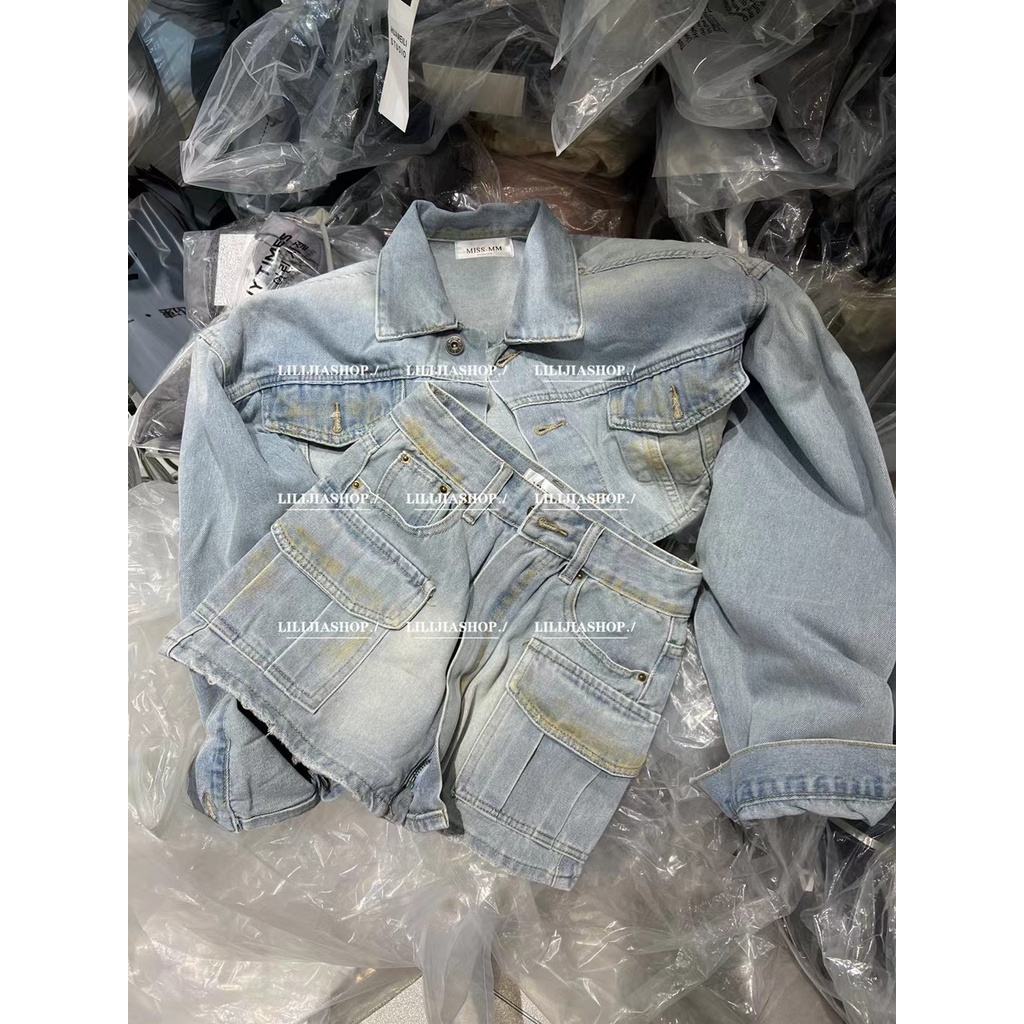 Thời Trang Set Áo Khoác Jeans Tay Dài Phối Chân Váy Ngắn Lưng Cao Phong Cách Mùa Thu Cho Nữ
