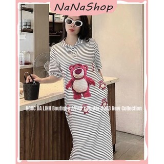 [New Sales 2024] Đầm nữ dáng suông họa tiết sọc kèm hình gấu hồng dễ thương chất thun gân co giãn tốt