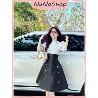 [New Sales 2024] Đầm dáng xòe áo kèm nơ váy họa tiết tapta phối len ren