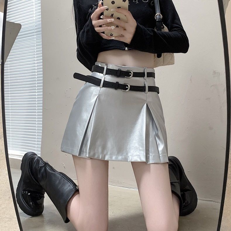 Chân Váy Da pu Ngắn Dáng Chữ a Màu Bạc Thời Trang Xuân Thu 2023 Cho Bạn Gái