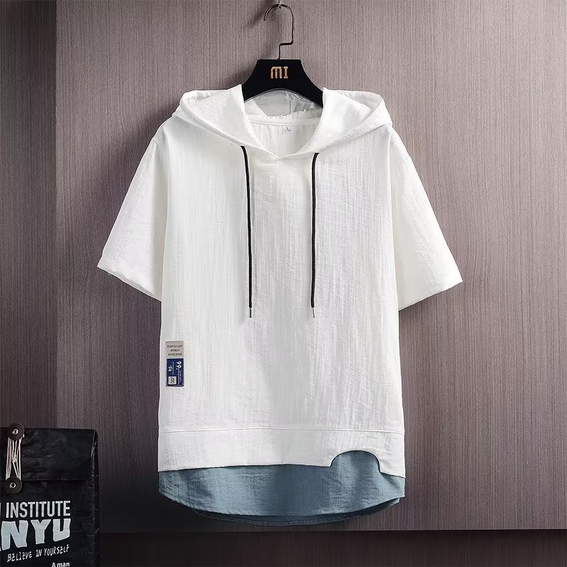 Áo Thun Tay Ngắn Giả Hai Lớp Có Mũ Trùm Đầu Oversize Phong Cách Nhật Bản Cho Nam Màu Trắng / Đen / Xám / Xanh Dương