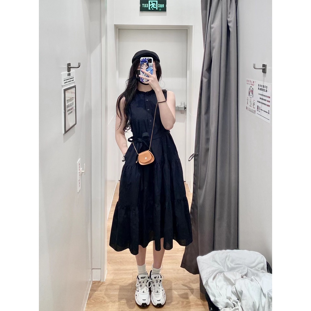 K4477 Đầm Không Tay Xếp Ly Có Túi Bên Hông Bằng Vải Gạc Tre Hàng Ngày youjia