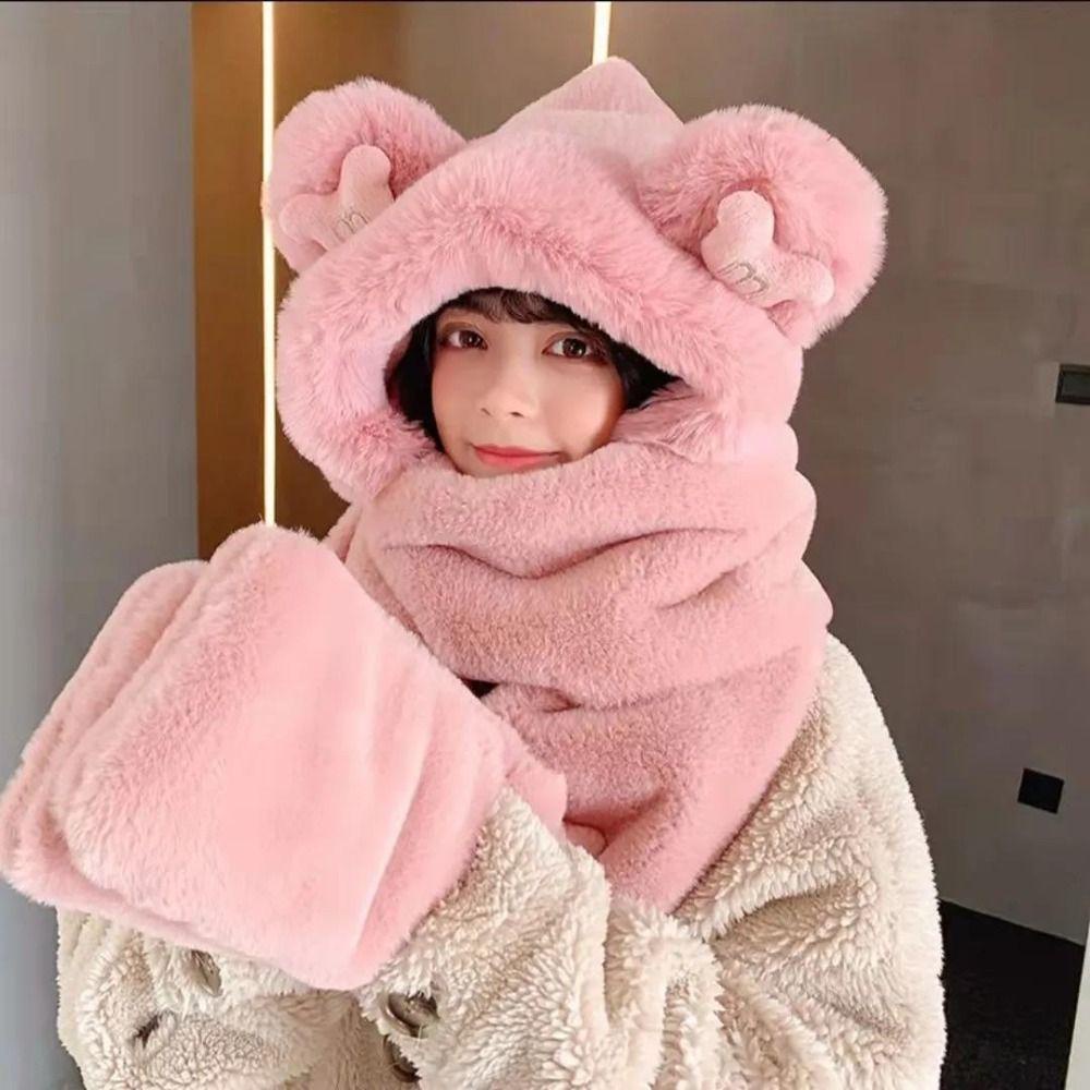 Muvako Mũ Trùm Đầu Tích Hợp Khăn Choàng cotton Dày Dặn Hình Gấu Bông Dễ Thương Kèm Găng Tay Và Khăn Choàng Cổ Cho Nữ
