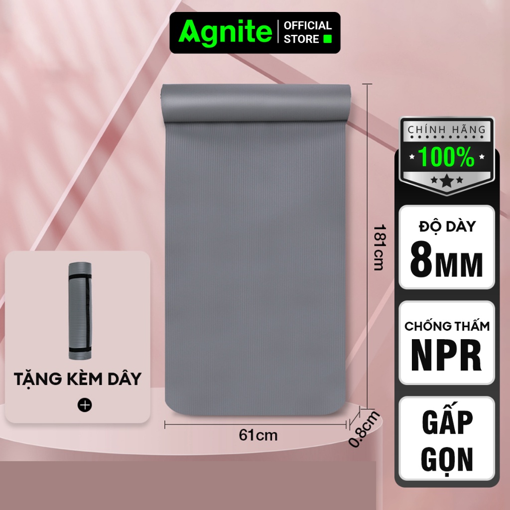 Thảm yoga Agnite chính hãng dày 10mm màu xám, chất liệu NBR mềm mại và chống nước, dễ dàng vệ sinh - ER201