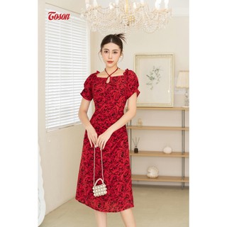 Đầm chiffon hoa hồng, eo nhún sườn, cổ đan dây Toson 44167D63