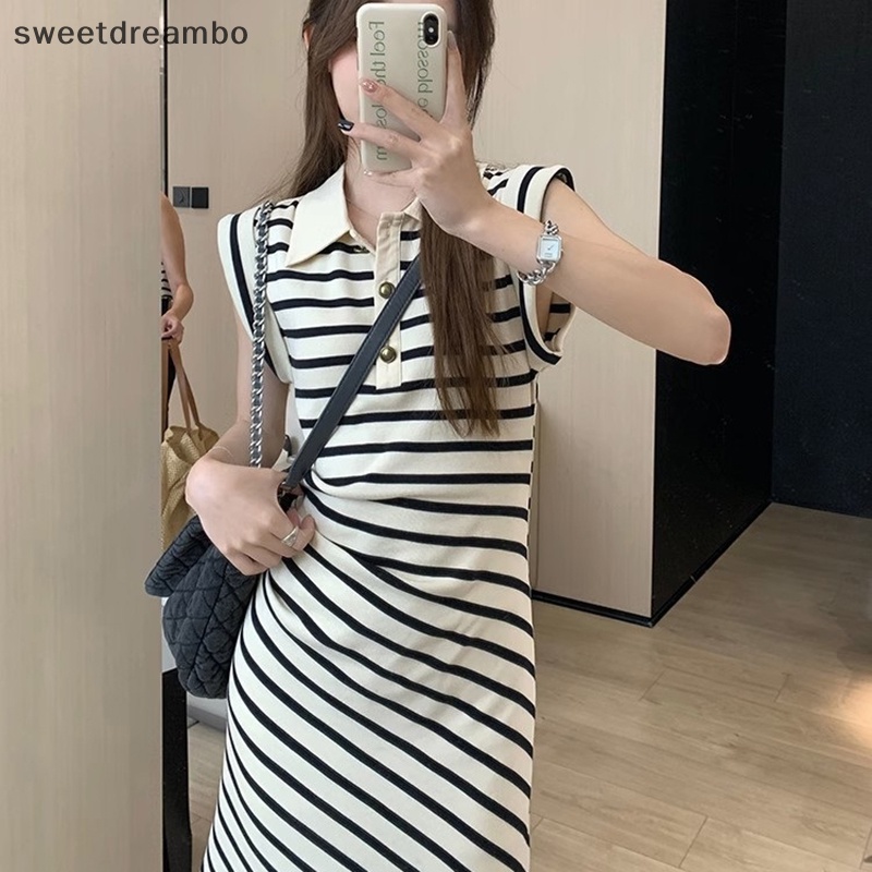 Đầm midi Cổ Bẻ Xếp Ly Cài Nút Họa Tiết Kẻ Sọc Tương Phản Ngọt Ngào Cho Nữ