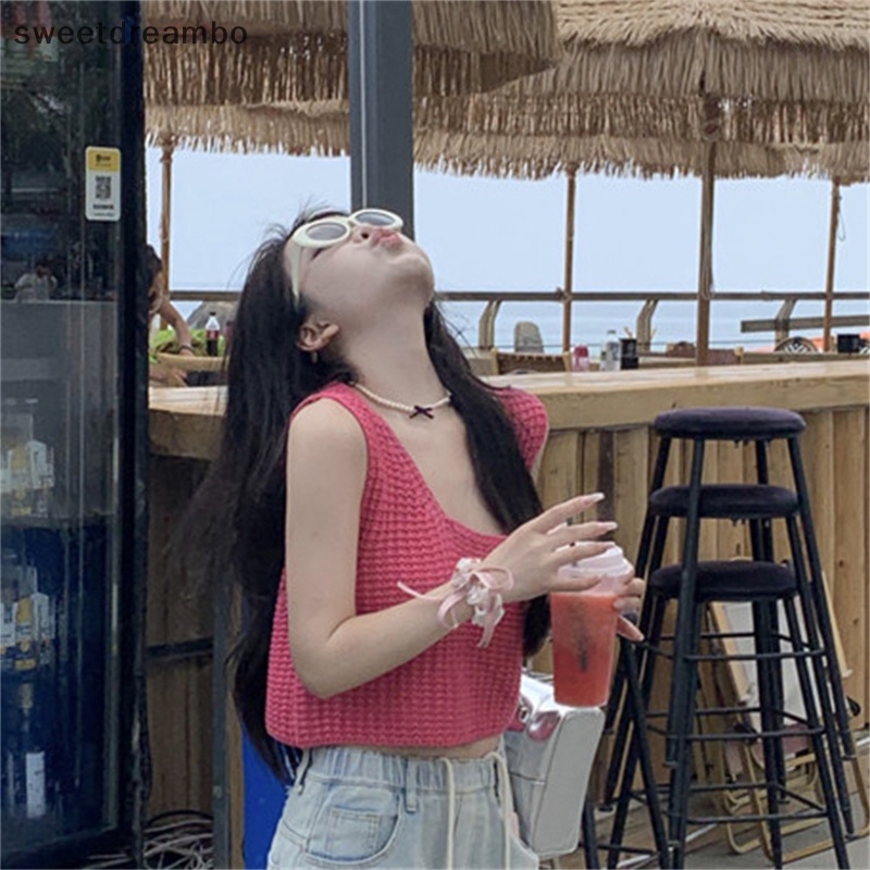 Áo Dệt Kim Sát Nách Cổ Tròn Màu Sắc Ngọt Ngào Thời Trang Mùa Hè Cho Nữ