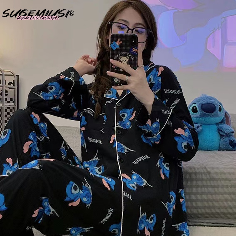 Sugemiusi Bộ Đồ Ngủ Tay Dài Chất Liệu cotton Nguyên Chất In Họa Tiết Hoạt Hình stitch Thời Trang Xuân Thu Cho Cặp Đô