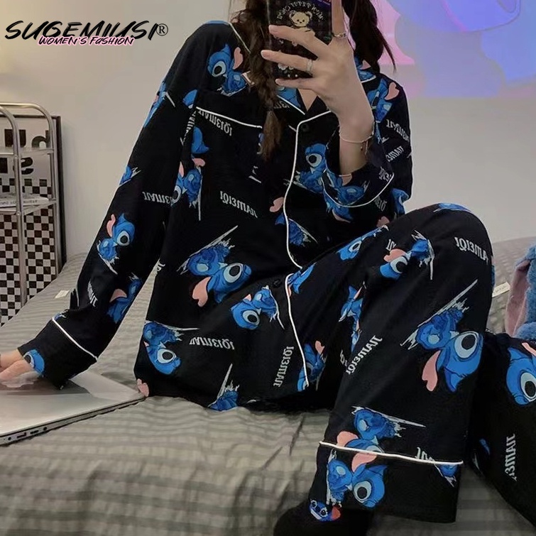 Sugemiusi Bộ Đồ Ngủ Tay Dài Chất Liệu cotton Nguyên Chất In Họa Tiết Hoạt Hình stitch Thời Trang Xuân Thu Cho Cặp Đô