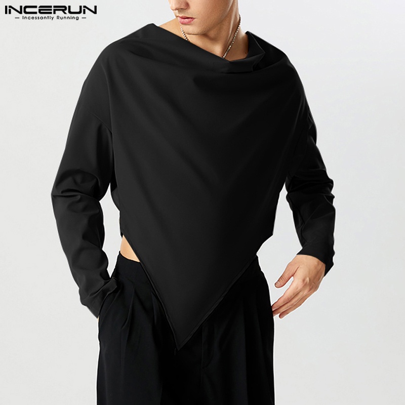 INCERUN Áo Thun Nam Dài Tay Cổ Tròn Lệch Tà Màu Sắc vintage