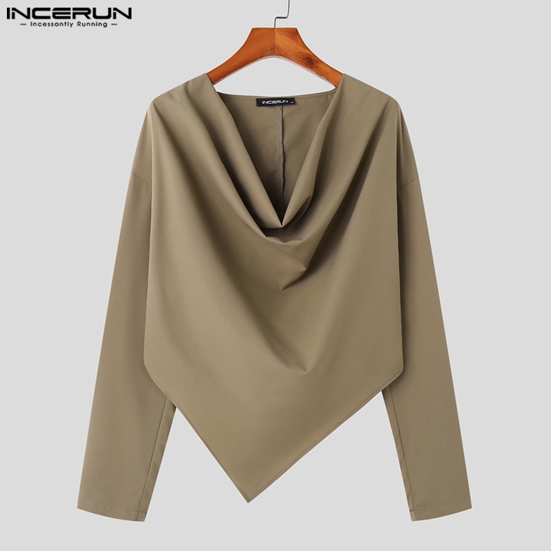 INCERUN Áo Thun Nam Dài Tay Cổ Tròn Lệch Tà Màu Sắc vintage