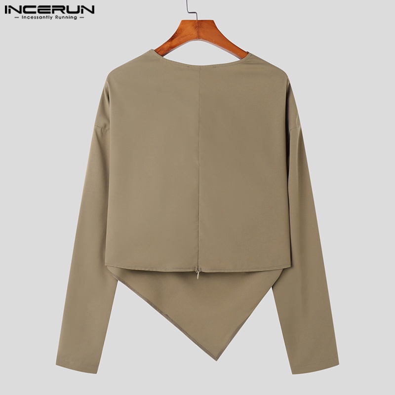 INCERUN Áo Thun Nam Dài Tay Cổ Tròn Lệch Tà Màu Sắc vintage