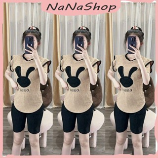 Set Bộ Nữ Lửng Ngố Áo Thun Vải Xốp Nhật Tay Ngắn Phủ Bèo Thêu Hình Thỏ Phối Quần Ngố Với 5 Màu Siêu Xinh
