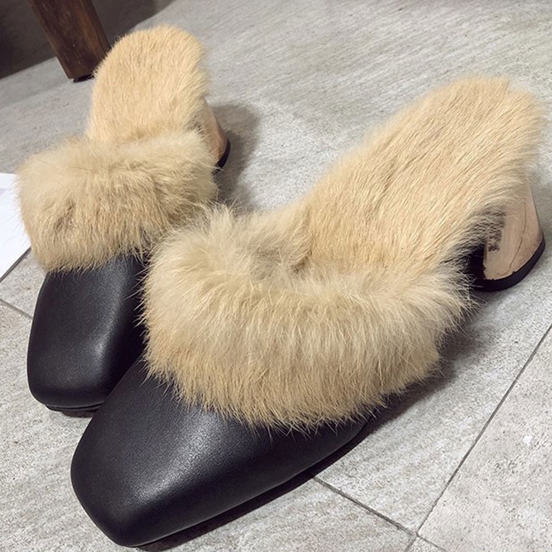 Hong Kong Premium shoes❥Dép Bít Mũi Phối Lông Xù Phong Cách Trẻ Trung Dành Cho Nữ