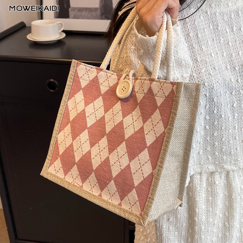 Moweikaidi Túi canvas Đựng Cơm Trưa Họa Tiết Hình Thoi Phong Cách Nhật Bản