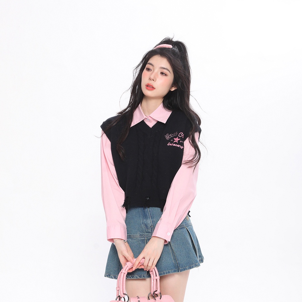 Set Áo Sơ Mi Tay Dài + Áo Len Không Tay Thêu Hoa Thời Trang Cho Nữ