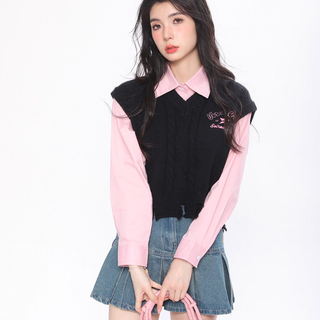 Set Áo Sơ Mi Tay Dài + Áo Len Không Tay Thêu Hoa Thời Trang Cho Nữ