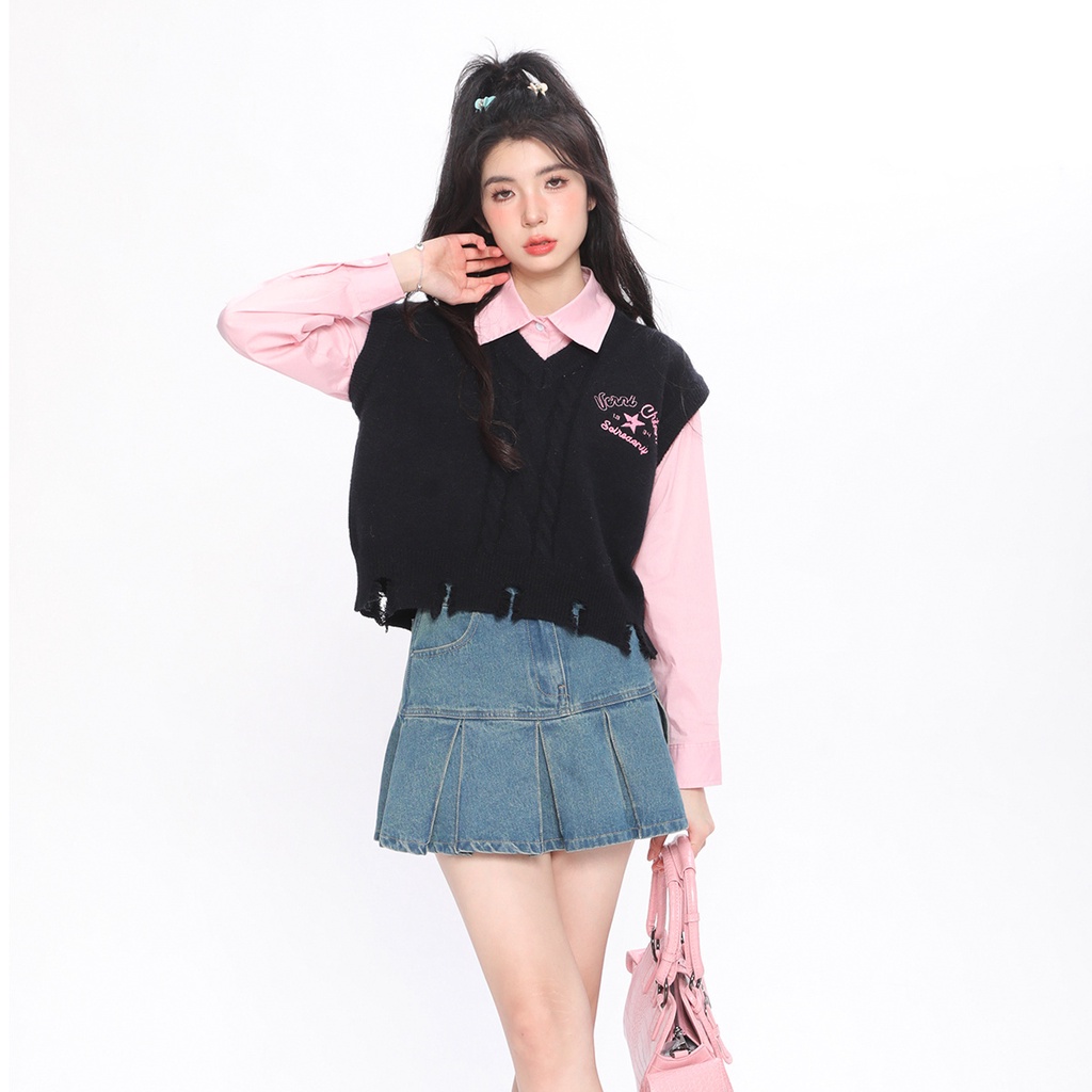 Set Áo Sơ Mi Tay Dài + Áo Len Không Tay Thêu Hoa Thời Trang Cho Nữ