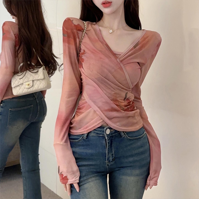 Áo Thun Lưới Tay Dài Ôm Eo Nhuộm Màu Thời Trang Dành Cho Nữ