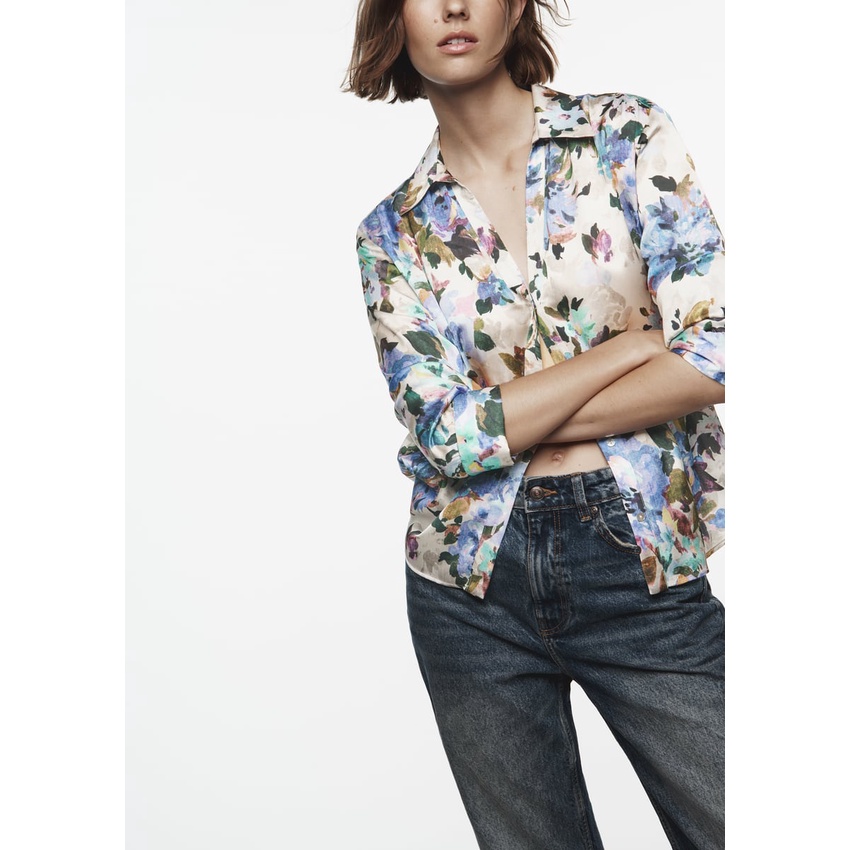 Zara Áo Sơ Mi Vải Lụa satin In Hoa Kiểu retro Thời Trang Mùa Thu Cho Nữ 8492120