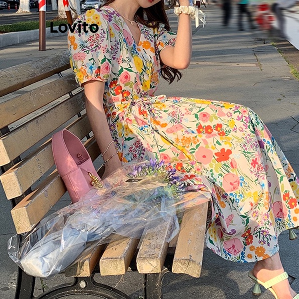 Đầm hoa nhí Lovito tay phồng xếp nếp phong cách boho cho nữ LNE17104 (nhiều màu sắc)