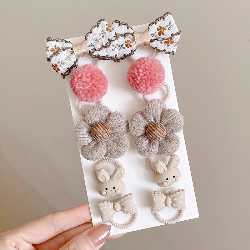 Dây Buộc Tóc Cao Su Màu Cà Phê Đính Nơ Hoa Xinh Xắn Cho Bé Gái