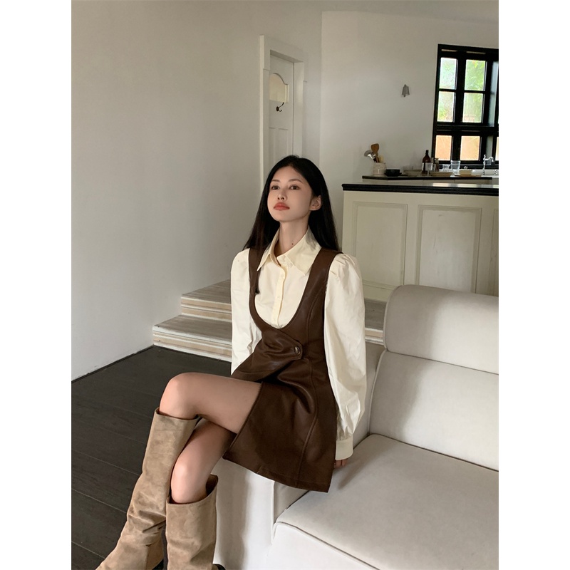 Lisynnn set Áo Sơ Mi Tay Dài Phồng Phối Chân Váy Da pu Thời Trang Cao Cấp