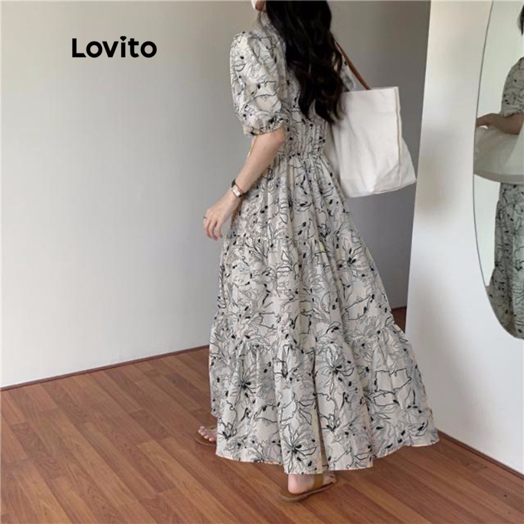 Đầm LOVITO tay ngắn hai lớp họa tiết hoa phong cách thường ngày cho nữ LNE09235