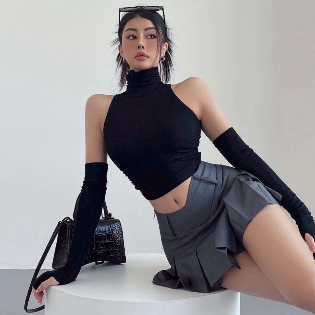 Chân váy cạp trễ xếp ly to DaaLaa Store dáng xòe phong cách cá tính C072