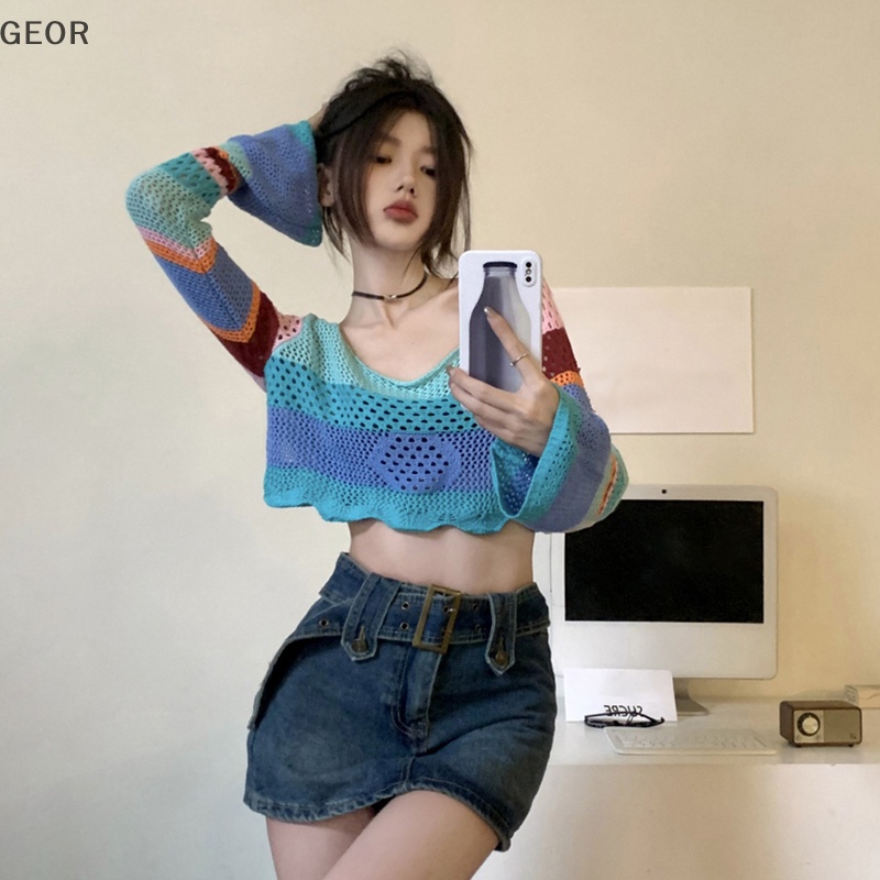 Áo Croptop Dệt Kim Tay Dài Kẻ Sọc Màu Tương Phản Kiểu retro Thời Trang Mùa Hè Cho Nữ