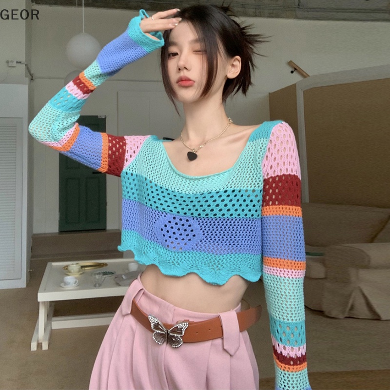 Áo Croptop Dệt Kim Tay Dài Kẻ Sọc Màu Tương Phản Kiểu retro Thời Trang Mùa Hè Cho Nữ