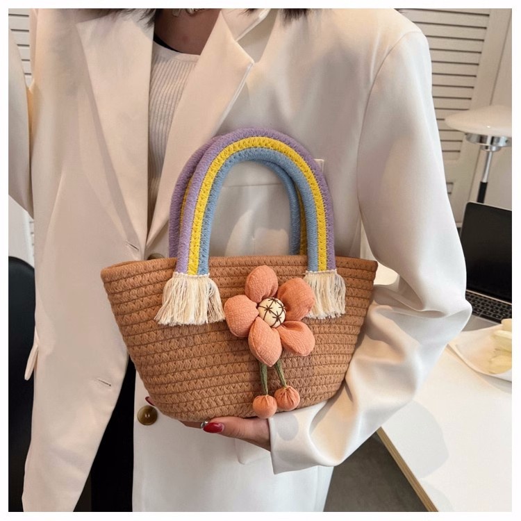 Túi Xách Đan Cói Phối Dây Thừng cotton Hình Hoa Hướng Dương Dễ Thương