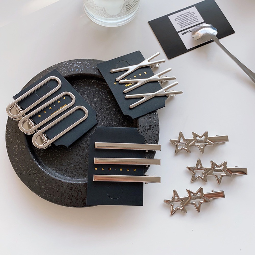 Kẹp Tóc Thẳng / Cong Bằng Kim Loại Màu Bạc Họa Tiết Ngôi Sao Rỗng Hai Bên Cho Nữ