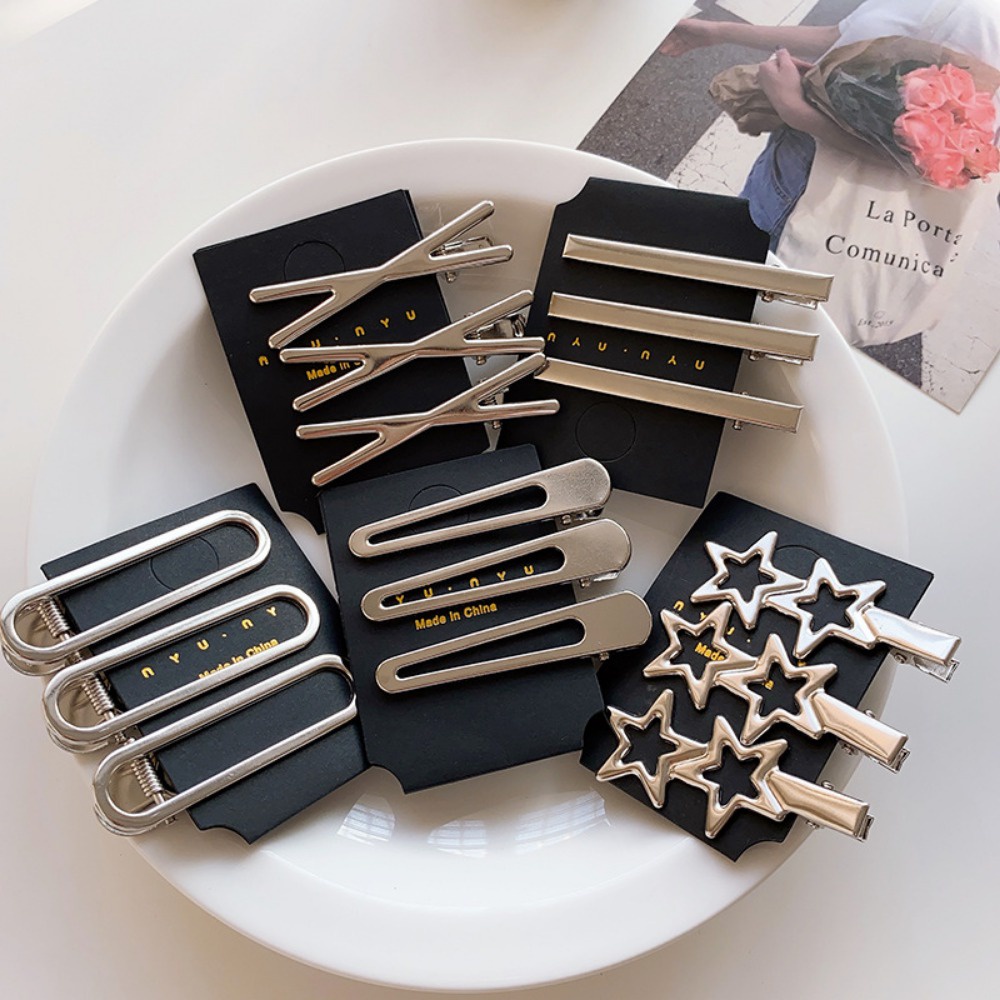 Kẹp Tóc Thẳng / Cong Bằng Kim Loại Màu Bạc Họa Tiết Ngôi Sao Rỗng Hai Bên Cho Nữ