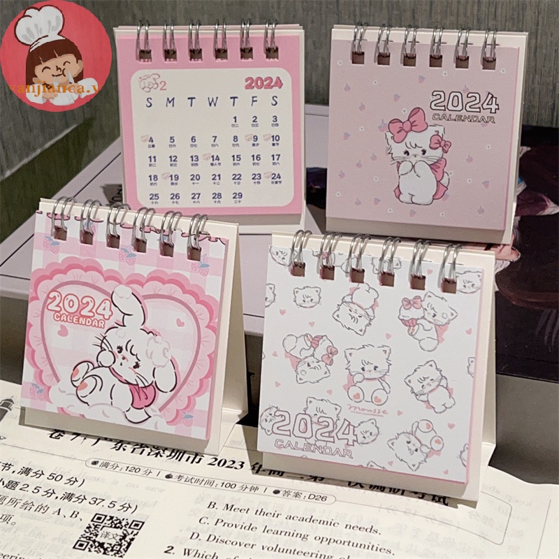 Lịch Để Bàn mini Năm 2024 Dạng Gập Để Bàn Màu Hồng In Hình Mèo Dễ Thương vn
