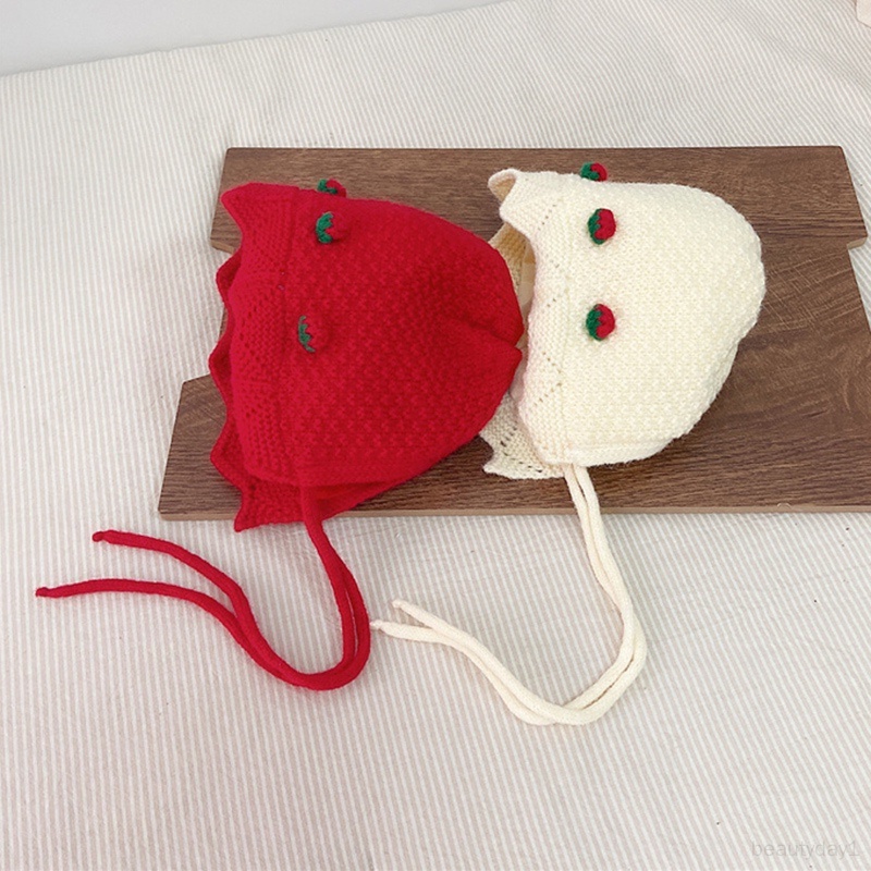 Mũ Dệt Kim cotton Co Giãn Họa Tiết Dâu Tây Ấm Áp Cho Bé