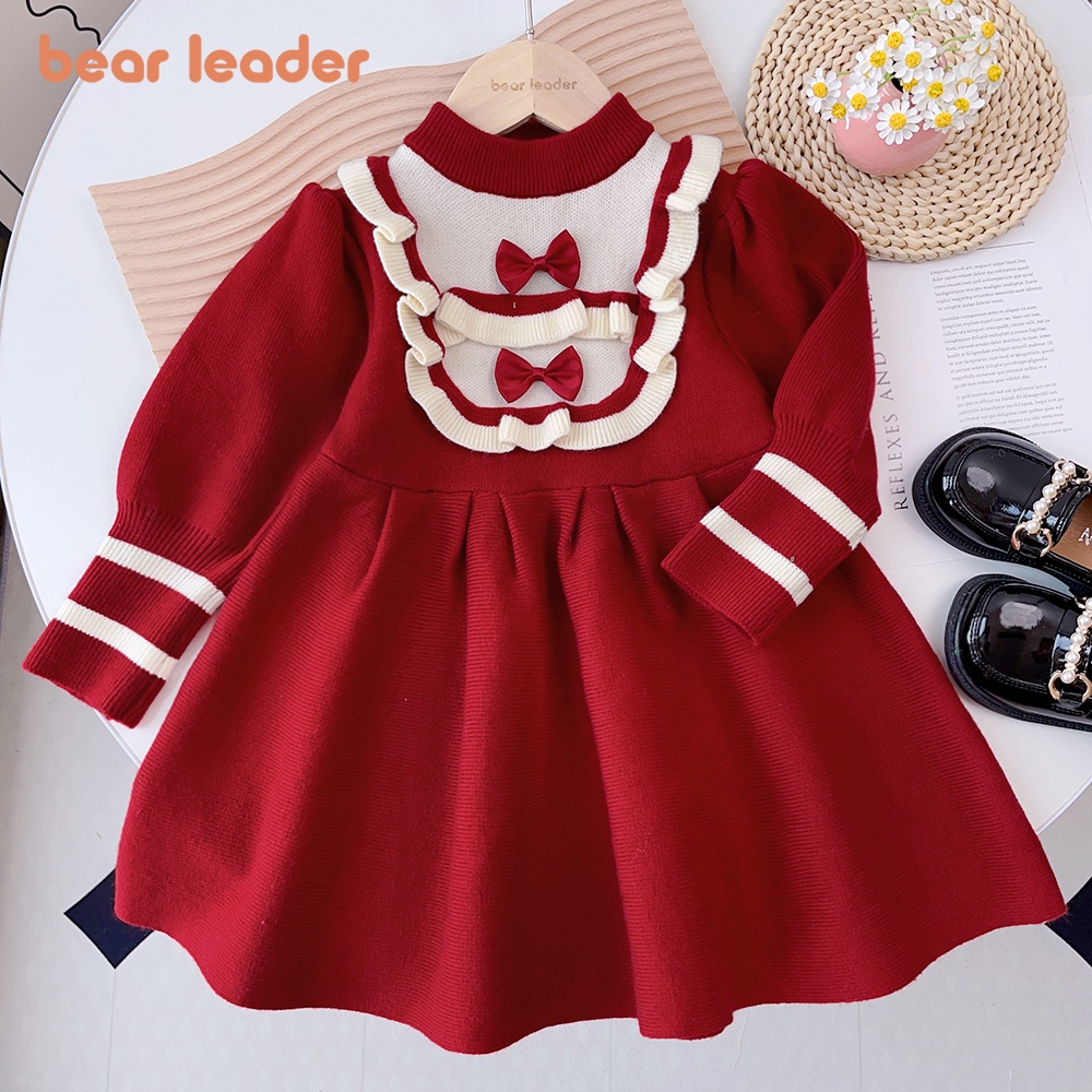 BEAR LEADER Đầm Len Cổ Đứng Tay Phồng Đính Nơ Thời Trang Giáng Sinh Năm Mới 2023 Cho Bé Gái