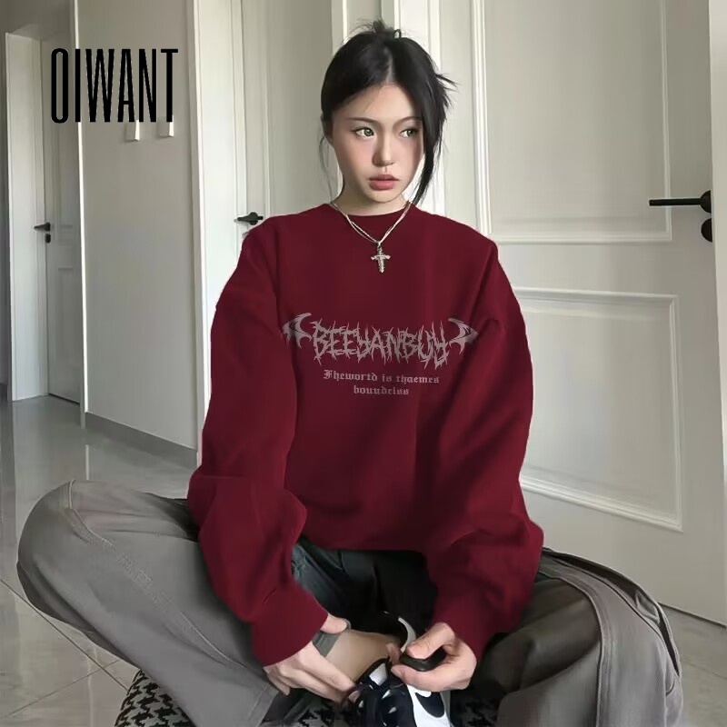 Oiwant Áo Sweatshirt Cổ Tròn Tay Dài Dáng Rộng Màu Trơn Họa Tiết Hoa Thời Trang 2023 Dành Cho Bạn Nữ