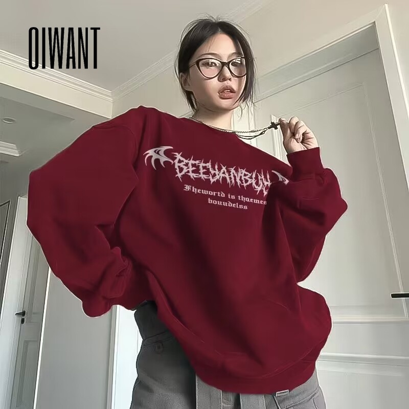Oiwant Áo Sweatshirt Cổ Tròn Tay Dài Dáng Rộng Màu Trơn Họa Tiết Hoa Thời Trang 2023 Dành Cho Bạn Nữ