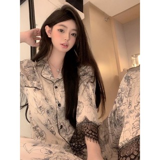 Fds Bộ Đồ Ngủ Dài Tay Bằng Lụa Mát In Họa Tiết Phong Cách Hàn Quốc Cho Nữ