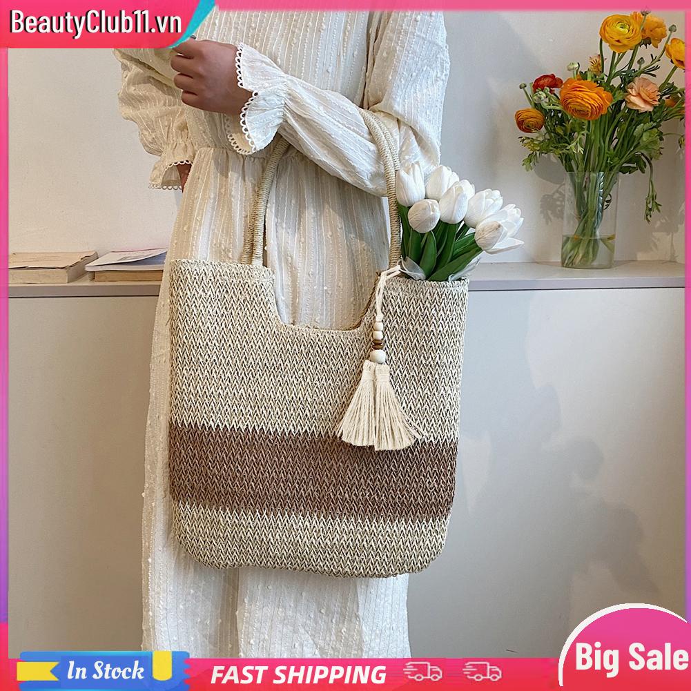 Túi Rơm Dệt Đeo Vai Mùa Hè Màu Tương Phản Có Tua Rua Cho Nữ
