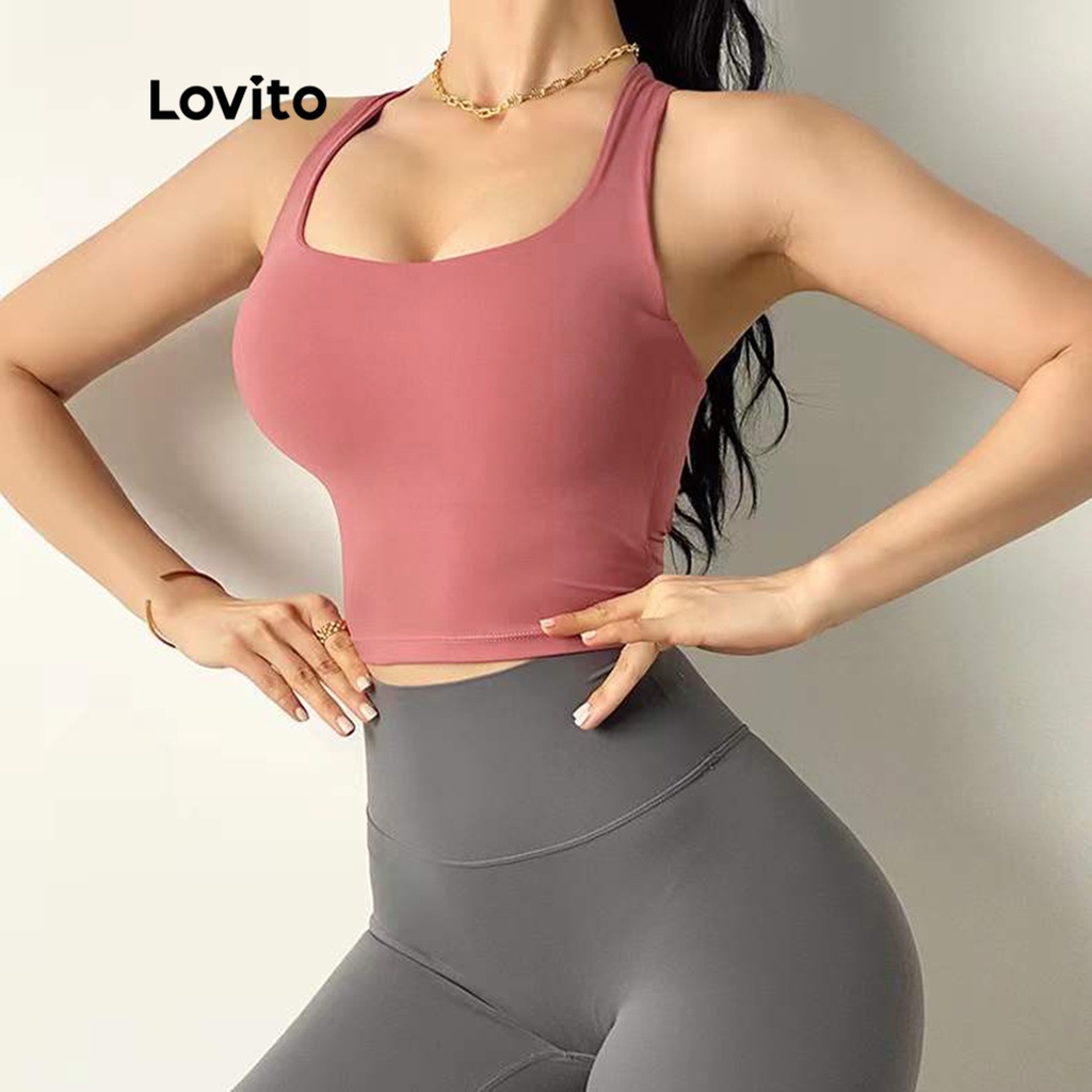 Lovito Áo ngực thể thao trơn hở lưng, dây chéo đơn giản dành cho nữ L48AD029