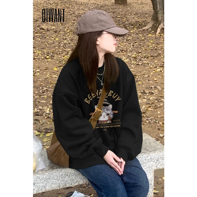 Oiwant Áo Sweater Cổ Tròn Tay Dài Dáng Rộng Màu Trơn Họa Tiết Mèo Hoạt Hình Thời Trang 2023 Dành Cho Bạn Nữ