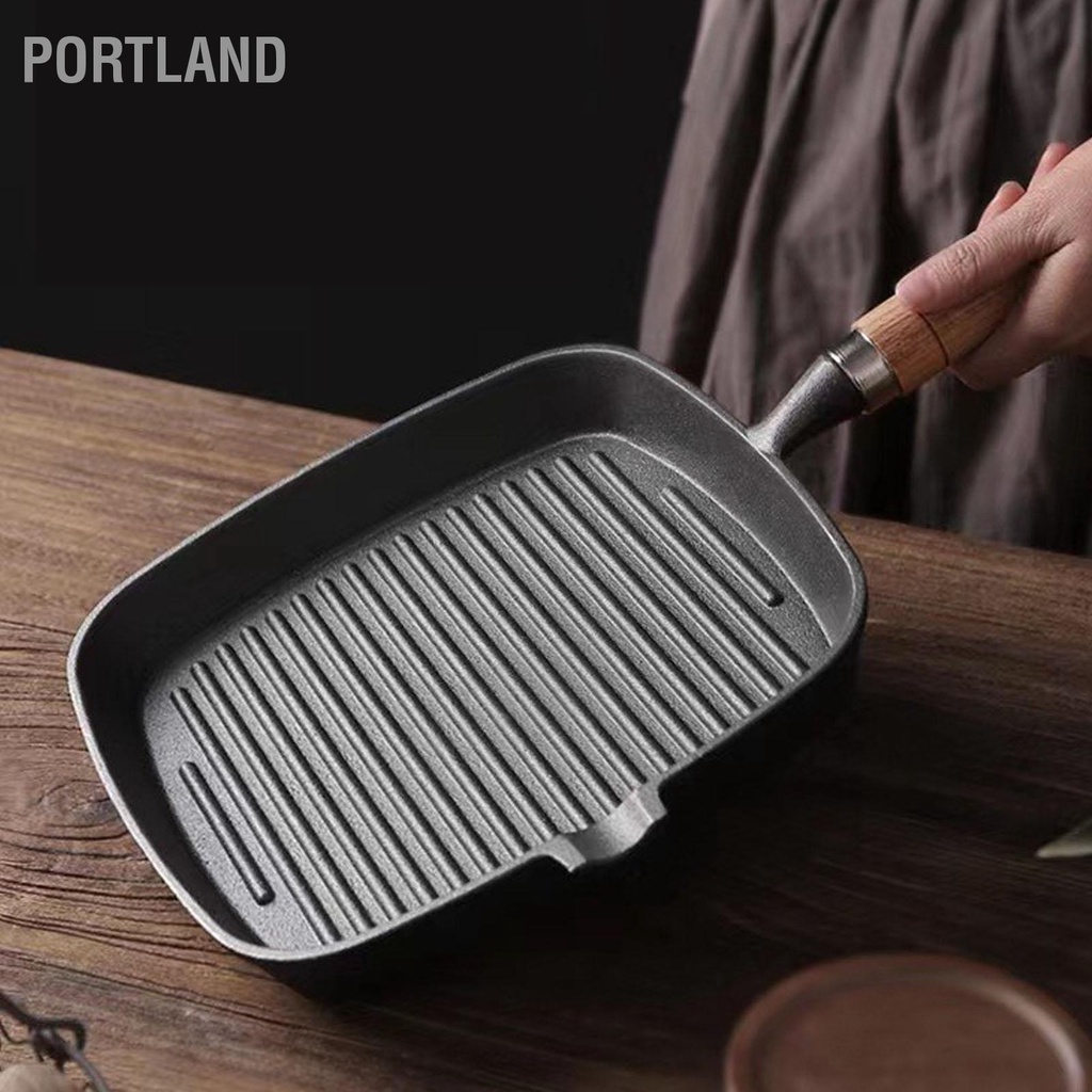 Portland Chảo gang có tay cầm bằng gỗ nướng không tráng vuông cho các loại thịt bít tết cá
