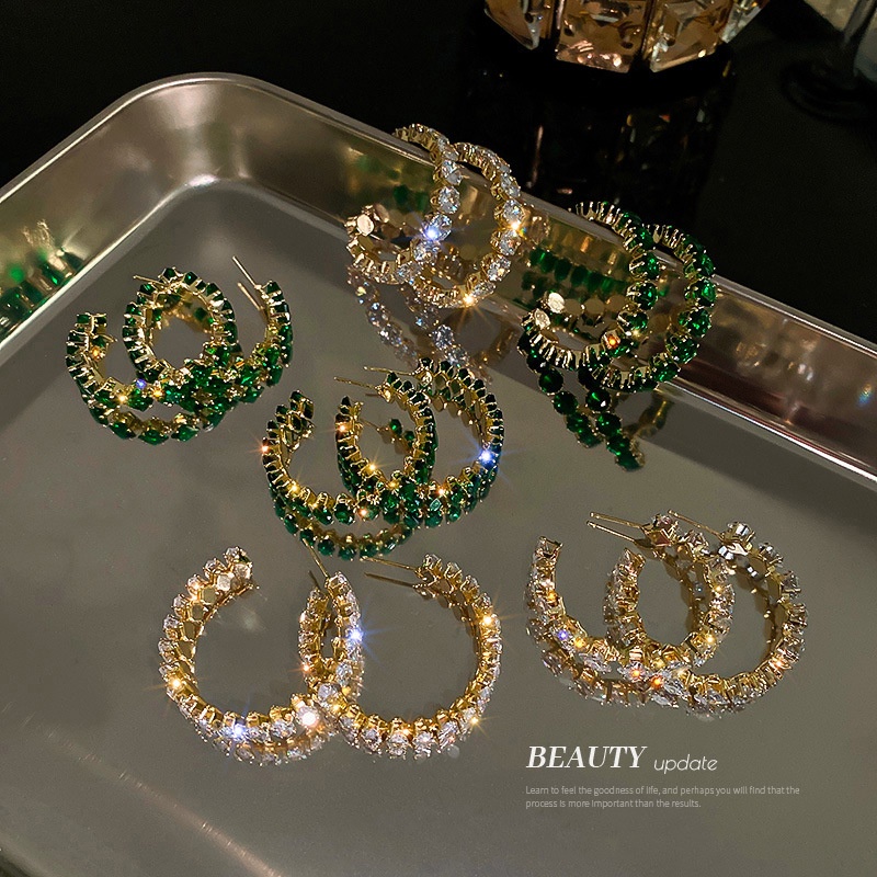 Bông Tai Mạ Bạc 925 Hình Chữ c Đính Đá zircon Màu Xanh Lá Phong Cách Âu Mỹ Thời Trang Cao Cấp Cho Nữ
