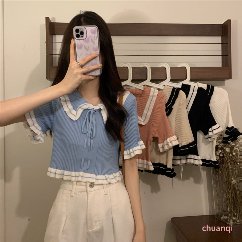 Áo Thun Ngắn Tay Cổ Búp Bê Đính Nơ Thời Trang Nữ Tính