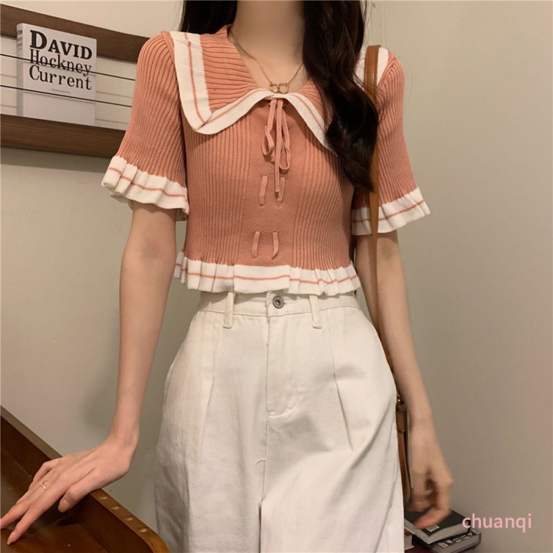 Áo Thun Ngắn Tay Cổ Búp Bê Đính Nơ Thời Trang Nữ Tính